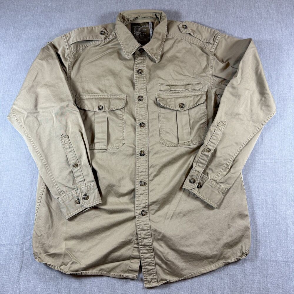 Eddie Bauer Bush Shirt Men's L Khaki Expedition Heritage Roll Tab Field Safari